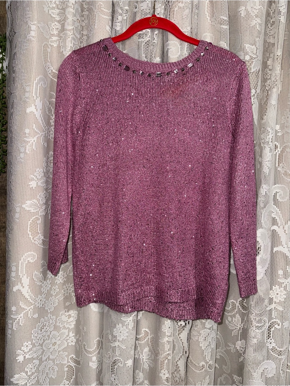 Alfred Dunner Rose-Pink Sequined Crewneck Sweater